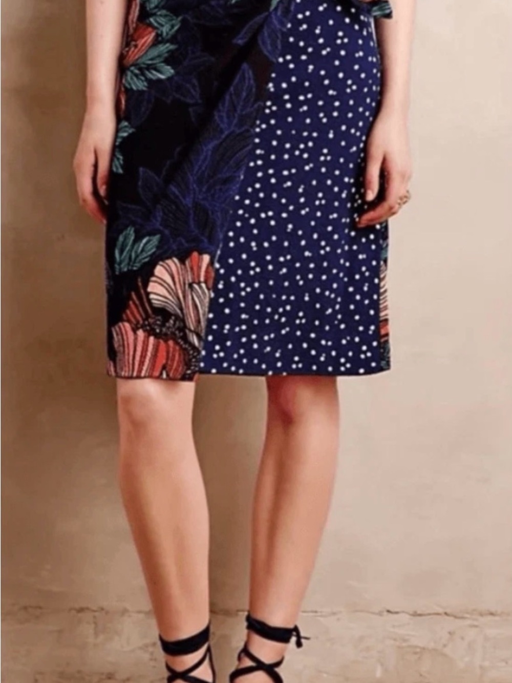 Anthropologie Petal Pop Pencil Skirt Blue Floral Faux Wrap Polka Dot Stretch 6